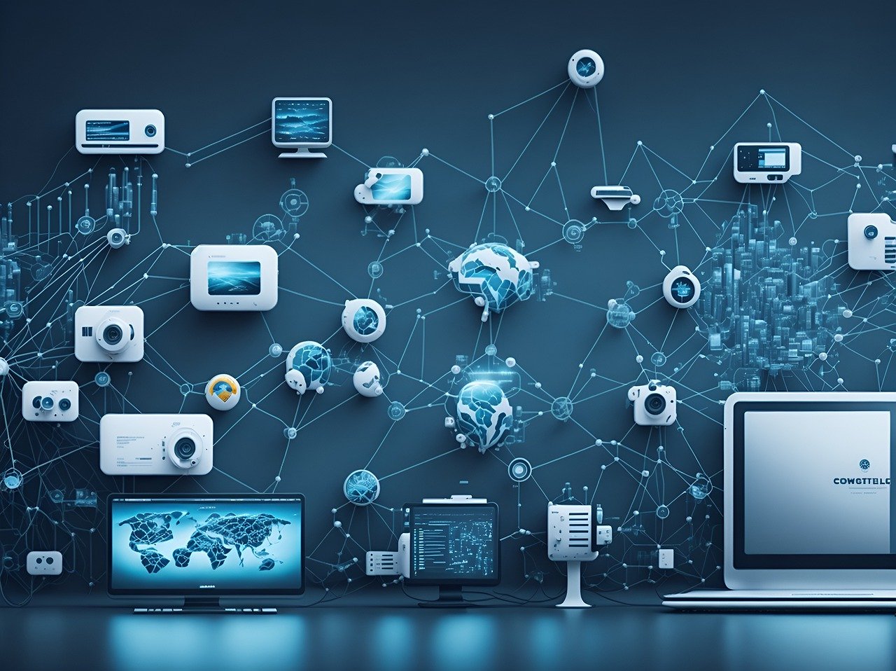 Un mur d'application et un réseau informatique sur un fond bleu 